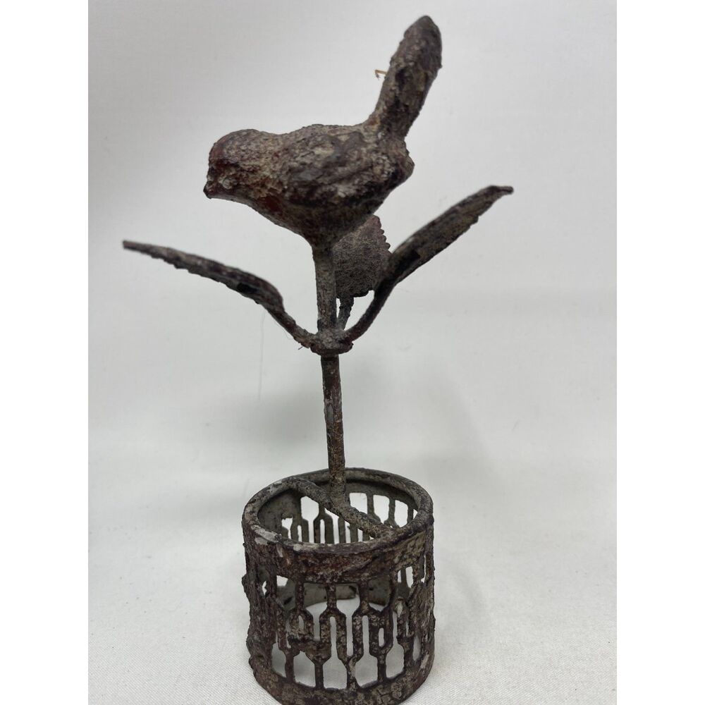 Vintage Bird Iron Metal Figurine on Branch & Basket 7" Tall Brown